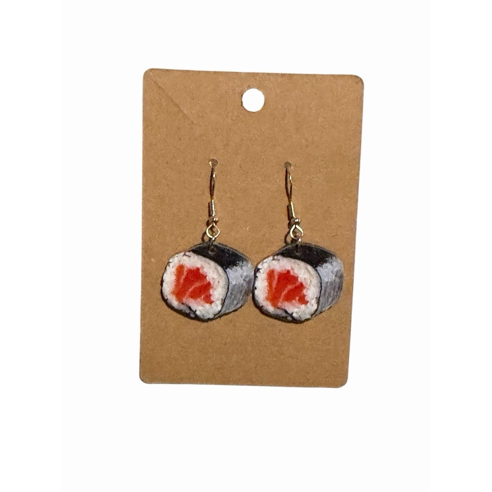 Handmade Sushi Roll Drop Earrings Gold Tone‎ Novelty Food Jewelry Maki Roll